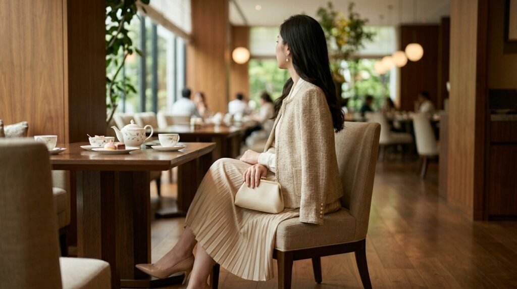 Woman seated at tea table 202605071813