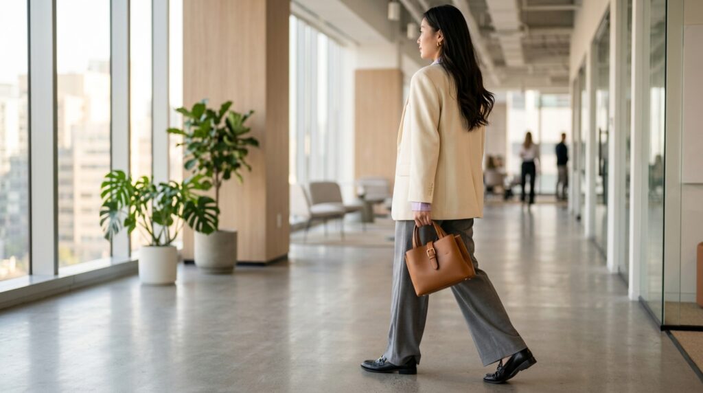 Woman walking in office corridor 202605071808