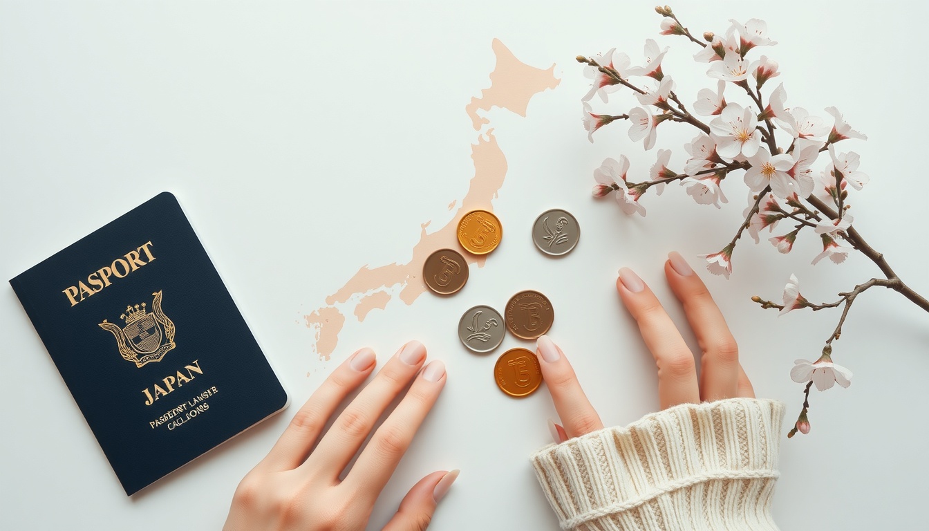 일본 여행 숙박비 줄이는 방법 게스트하우스 추천 - flat lay of Japan travel essentials including passport, yen coins, map and cherry blossom on white desk, budget travel concept