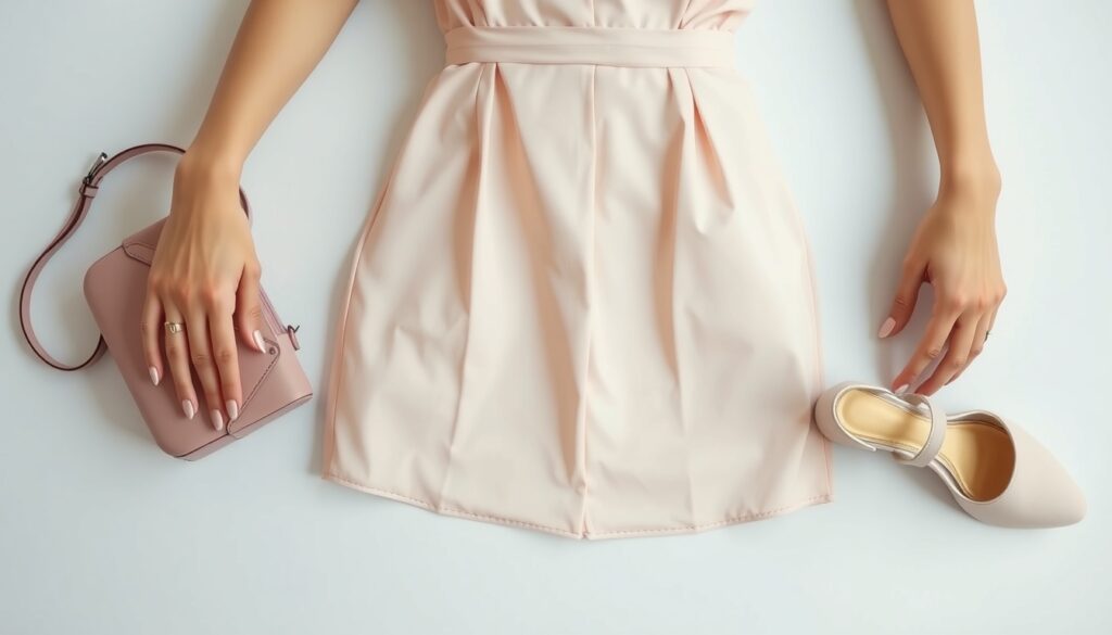 가족 상견례 옷차림 - flat lay of elegant Korean women's outfit for family meeting, including pastel dress, small bag and heels on white background, family meeting fashion concept