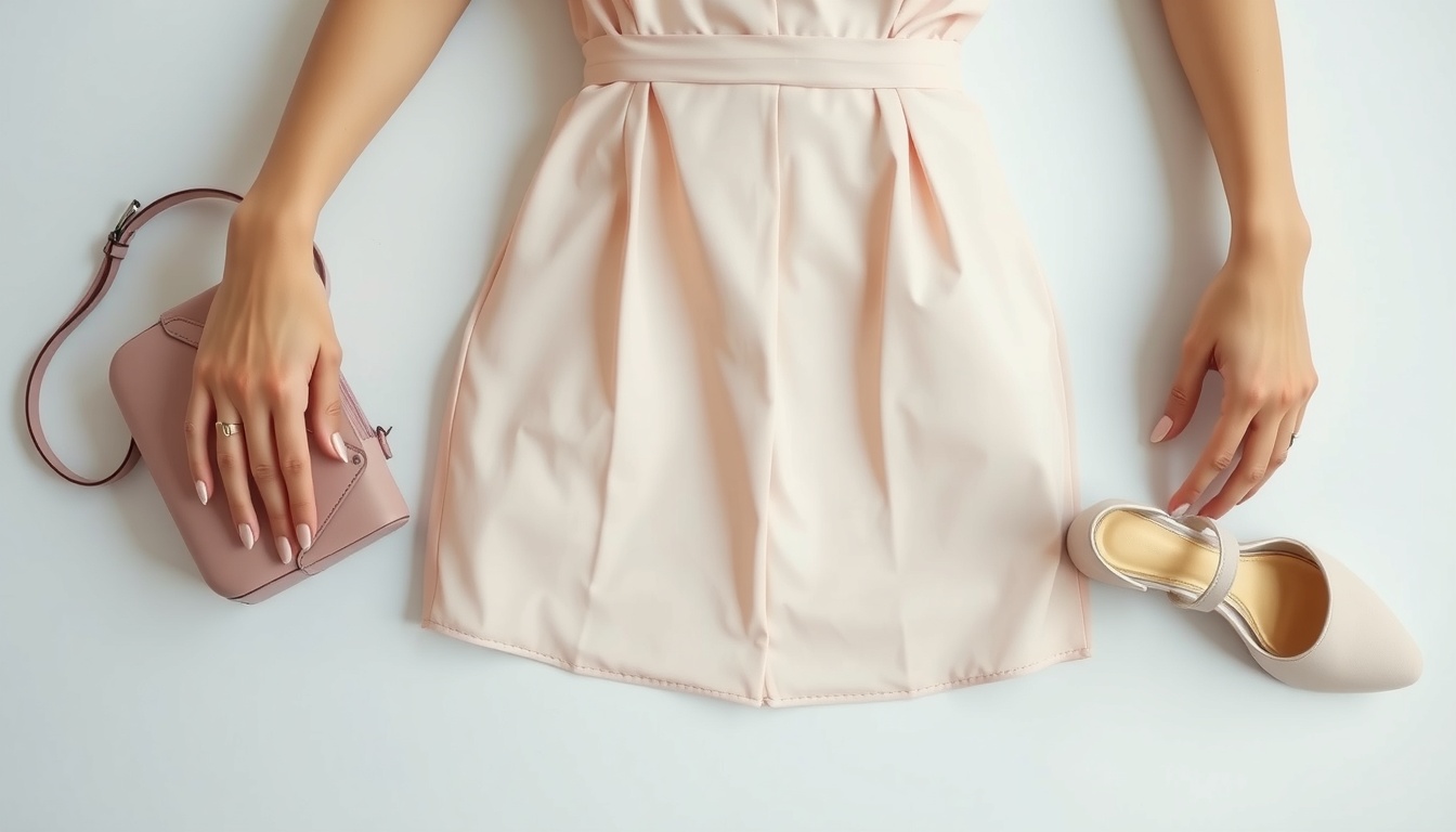 가족 상견례 옷차림 - flat lay of elegant Korean women's outfit for family meeting, including pastel dress, small bag and heels on white background, family meeting fashion concept