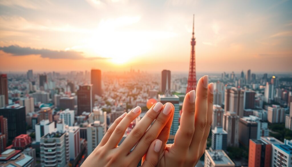 도쿄 여행 - aerial view of Tokyo cityscape at sunset with Tokyo Tower, travel destination concept, vibrant colors