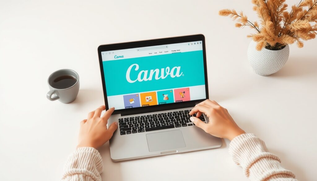 캔바 사용법 캔바 - flat lay of laptop screen showing Canva design interface with colorful templates, canva usage guide concept