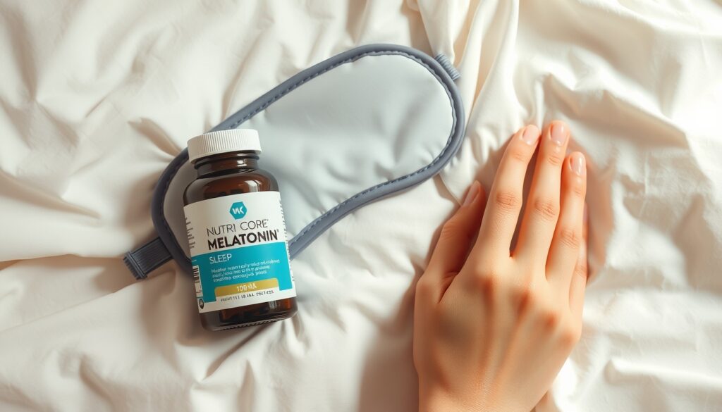 뉴트리코어멜라토닌 - flat lay of melatonin supplement bottle and sleep mask on white bed linen, nutri core melatonin product shot