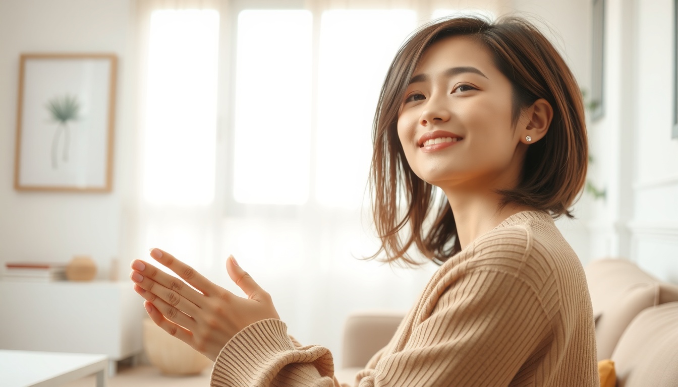 미니멀 라이프 - Korean woman upper body shot with face visible, smiling peacefully in a minimalist clean living room with natural light, minimal life lifestyle