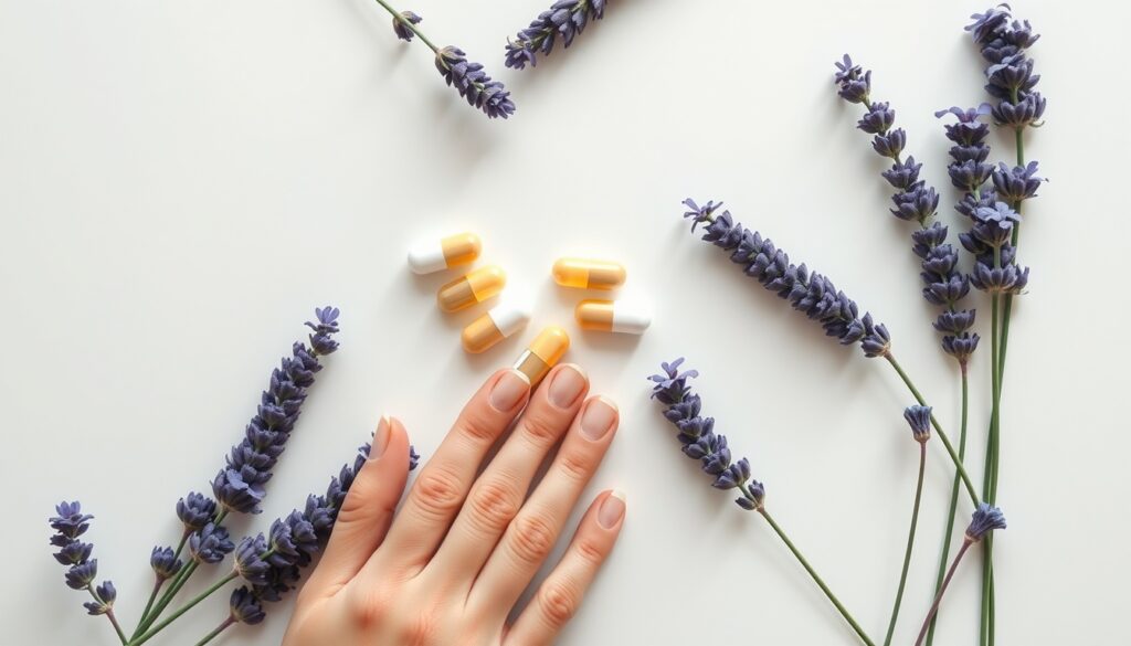 맬라토닌 - flat lay of melatonin supplement capsules and lavender flowers on white background, sleep health concept