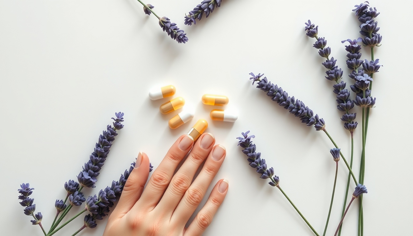 맬라토닌 - flat lay of melatonin supplement capsules and lavender flowers on white background, sleep health concept