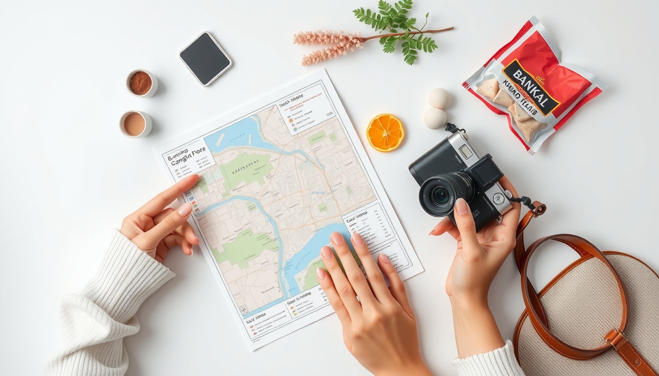 강화도 갈만한곳 - flat lay of travel essentials including map, camera, and snacks for a day trip to Ganghwado Korea