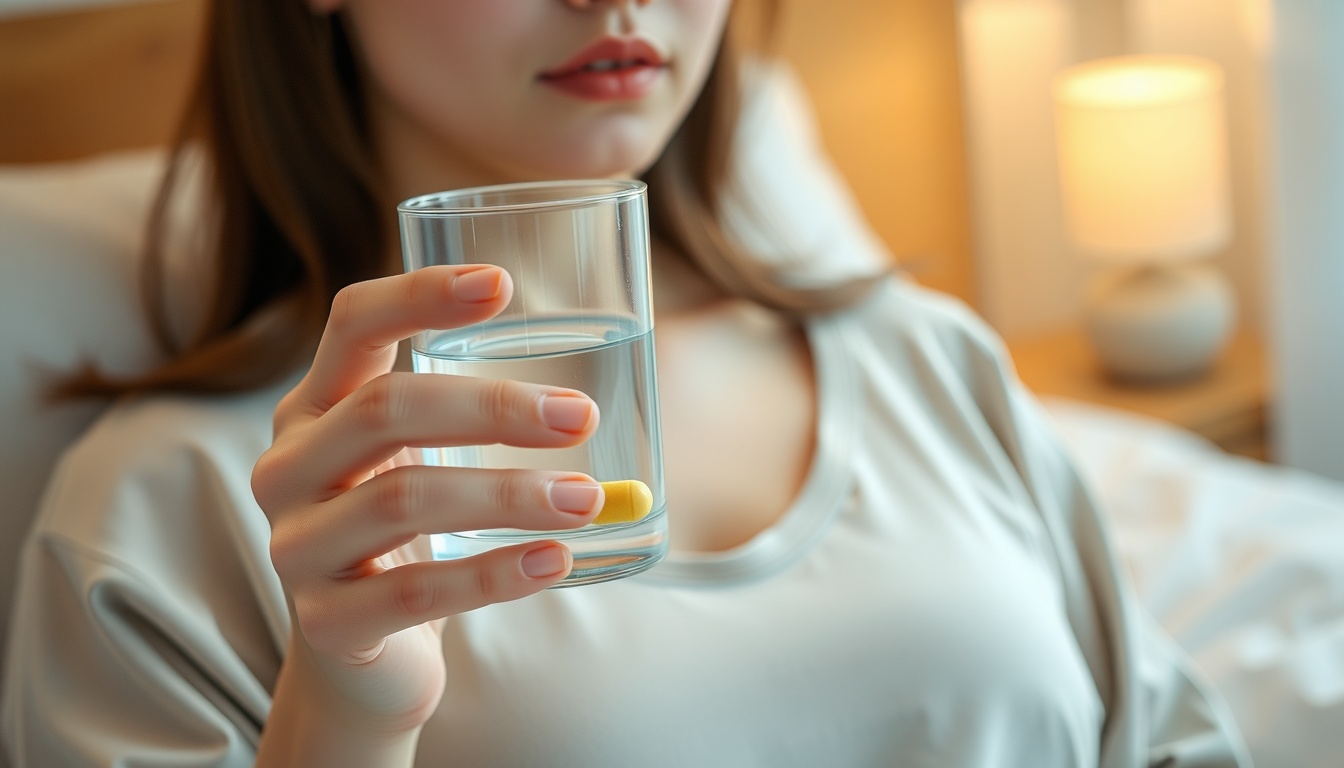 송중기멜라토닌 - Korean woman upper body shot with face visible, holding a glass of water and small supplement pill before bedtime, soft warm bedroom lighting, natural hands
