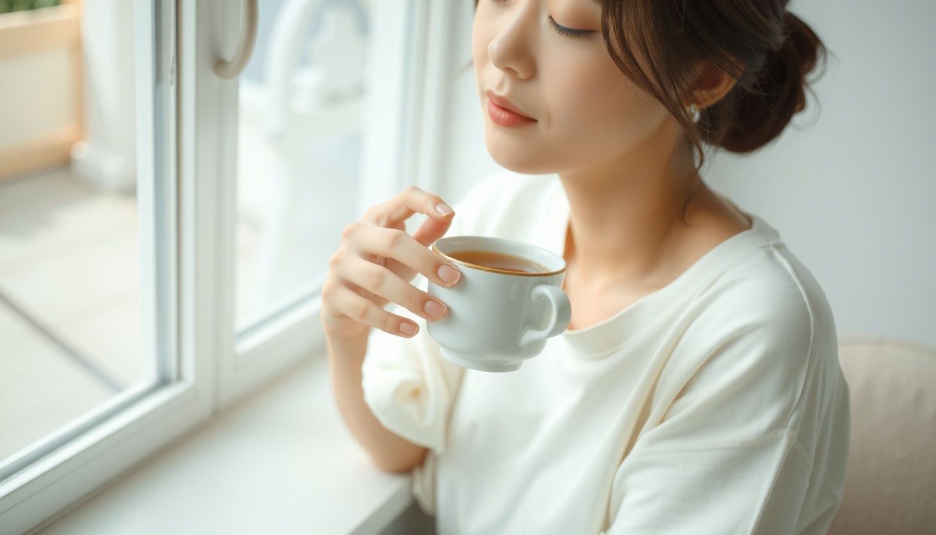 메리지블루 - Korean woman upper body shot with face visible, sitting by window with warm tea cup, calm and reflective expression, natural hands, marriage blue healing concept