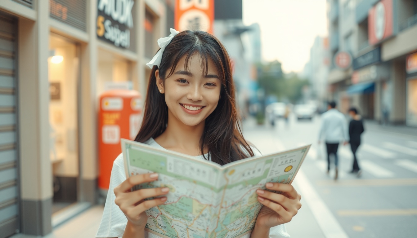 일본 여행 직장인 3박4일 일정 추천 - upper body shot of Korean woman with face visible smiling at Tokyo street, holding travel map with natural hands
