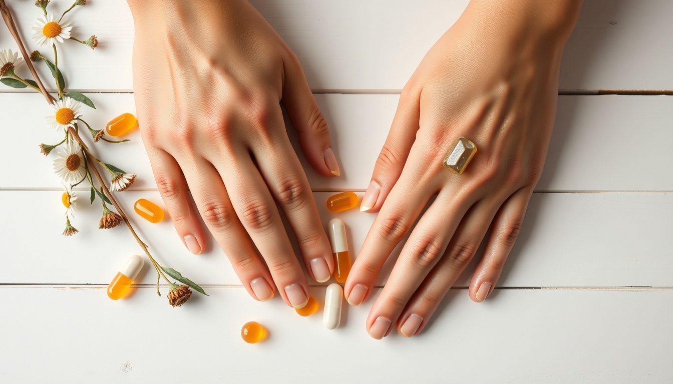 식물성멜라토닉 - flat lay of herbal supplements, chamomile flowers, and melatonin capsules on white wooden surface, plant-based melatonin concept