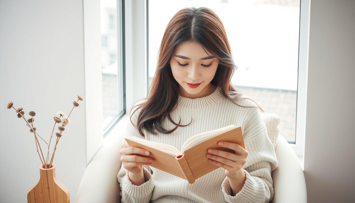 스트레스 해소 - Korean woman upper body shot with face visible, sitting by window with herbal tea and open journal, natural hands, warm stress relief atmosphere