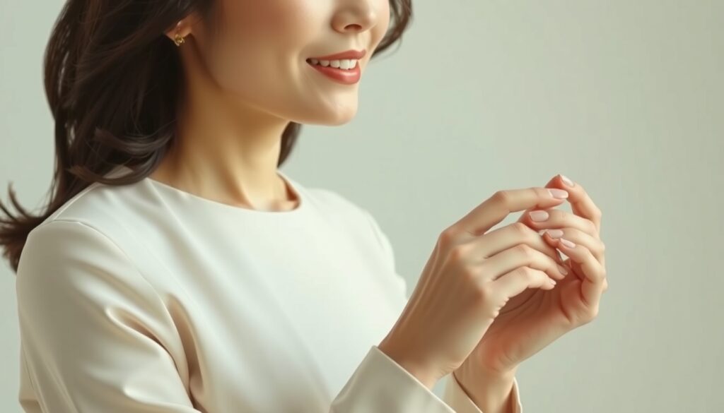 상견례 옷차림 엄마 50대 - elegant Korean woman in her 50s, upper body shot with face visible, wearing formal dress in soft neutral color, warm smile, natural makeup