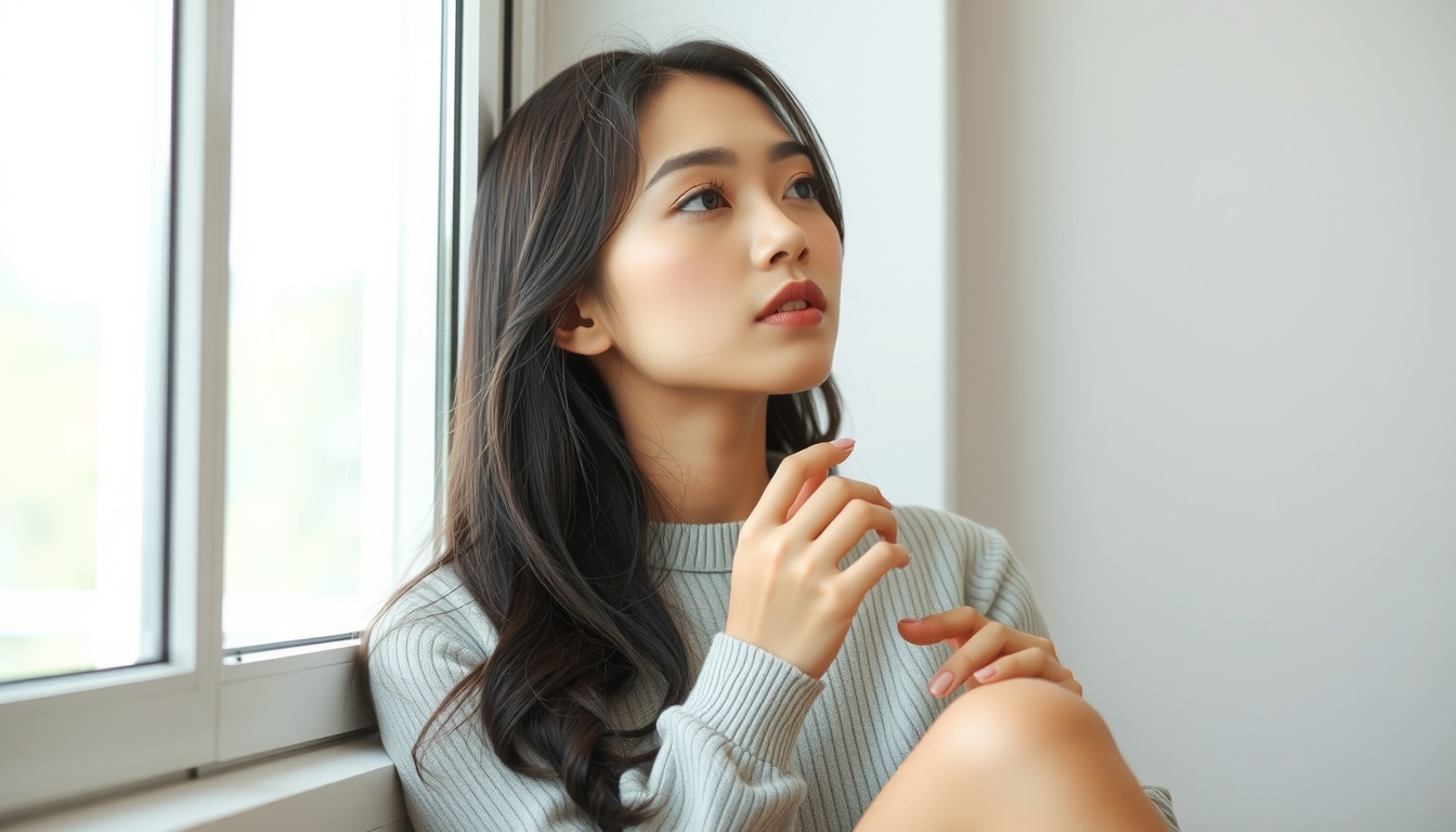 나르시시스트 - Korean woman upper body shot with face visible, sitting alone by window looking thoughtful, soft natural light, narcissist relationship recovery concept