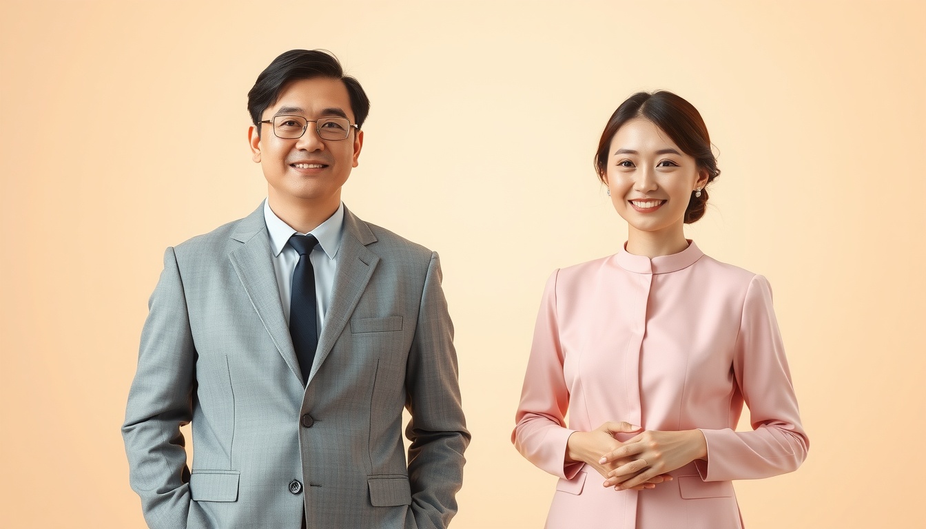 상견례 옷차림 부모님 - upper body shot of Korean middle-aged couple in elegant formal outfit for first family meeting, warm smile with face visible