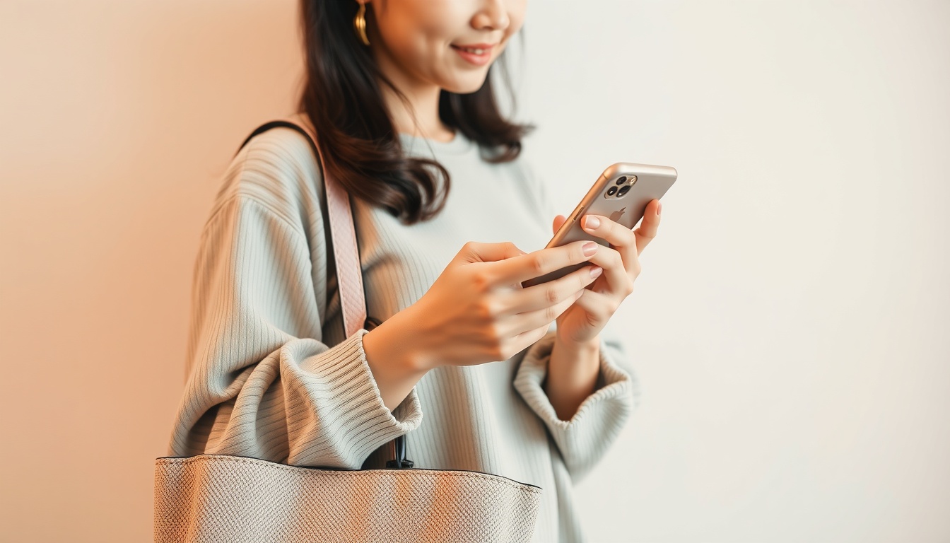 여성가방쇼핑몰 - Korean woman upper body shot with face visible, holding stylish handbag while shopping online on smartphone, natural hands, bright lifestyle concept