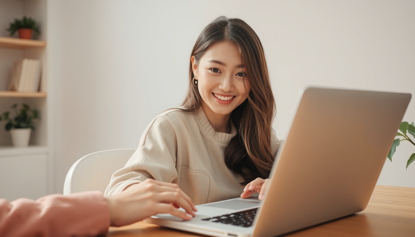 미리캔버스 - Korean woman upper body shot with face visible, smiling while working on graphic design using laptop, natural hands, bright home office setting