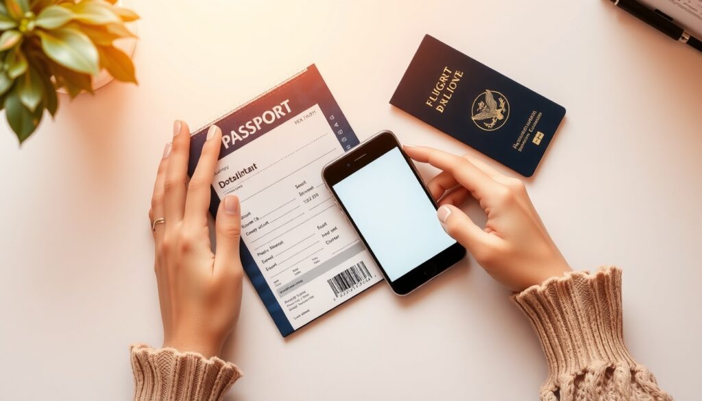 항공권 예약 - flat lay of passport, airplane ticket, and smartphone on white desk, flight booking concept