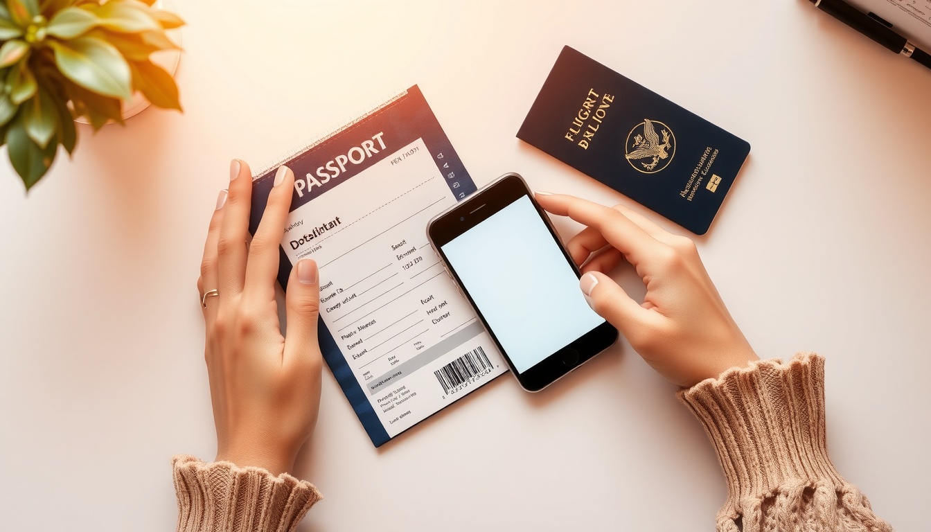 항공권 예약 - flat lay of passport, airplane ticket, and smartphone on white desk, flight booking concept