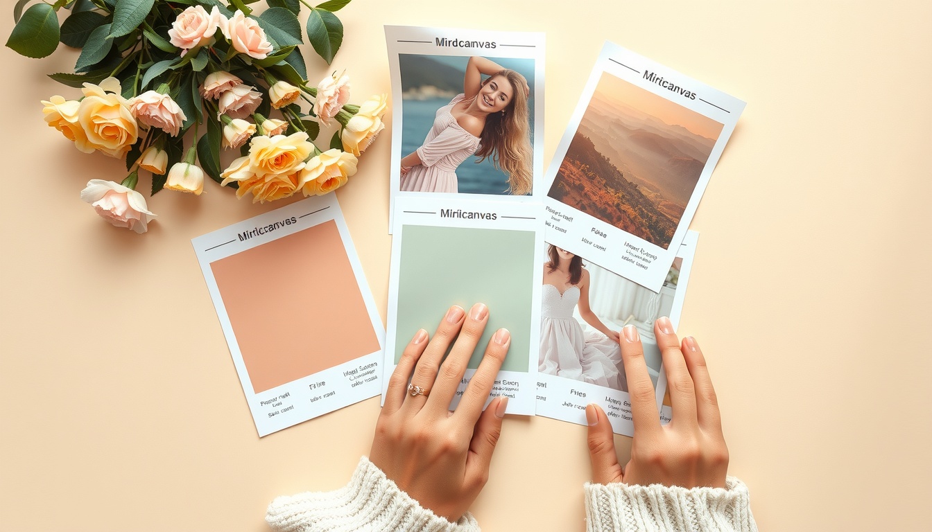 미리캔버스 - flat lay of colorful design template examples printed on paper, Instagram card news and poster design, Miricanvas concept, overhead view