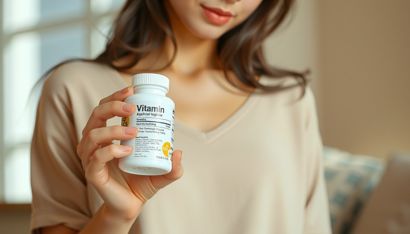 이석증영양제 - upper body shot of Korean woman in her 30s with face visible, holding vitamin bottle and reading label at home, natural hands, warm lighting