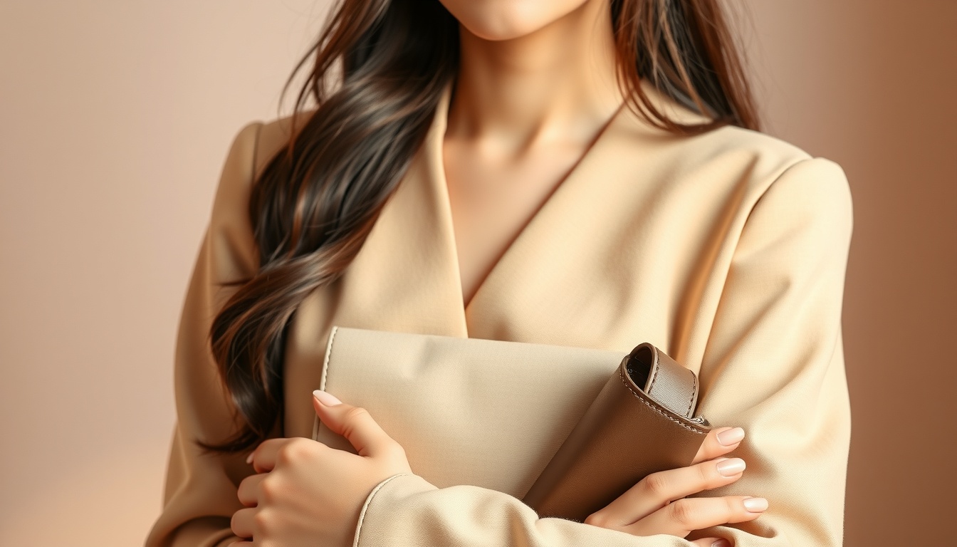 가족 상견례 옷차림 - Korean woman upper body shot with face visible, wearing elegant beige semi-formal outfit for family meeting, natural hands holding small clutch bag, soft studio lighting