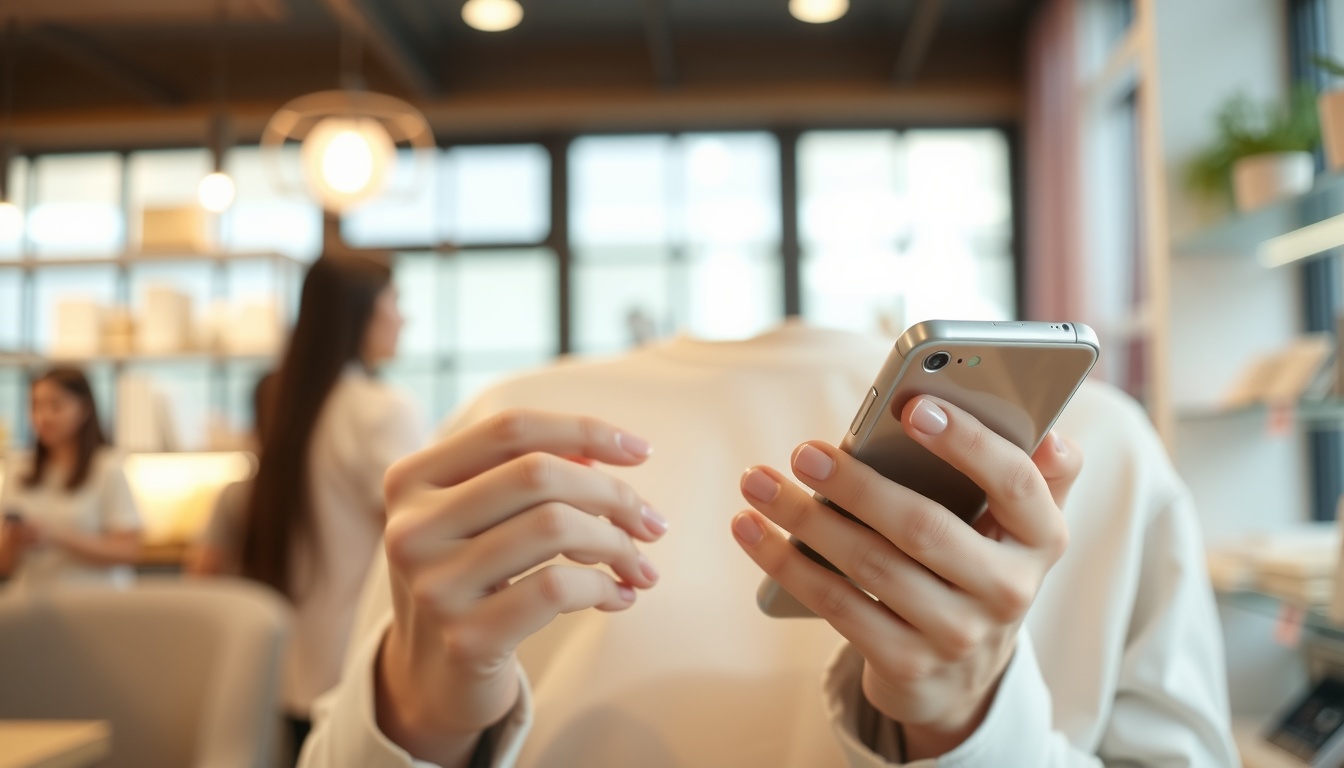 경북몰 - Korean woman upper body shot with face visible, smiling while shopping on smartphone app for local specialty products, natural hands, bright indoor background