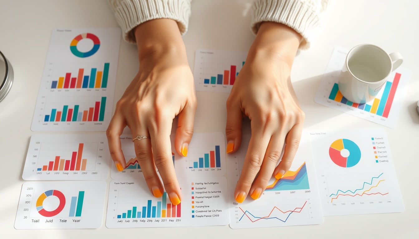 인포그래픽 - flat lay of colorful infographic design elements, charts and icons on white desk, infographic creation concept