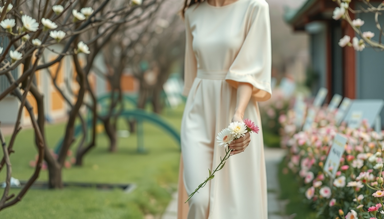 이천 산수유축제 - Korean woman in light spring outfit upper body shot with face visible, walking along sansuyu flower village path, natural hands holding small bouquet