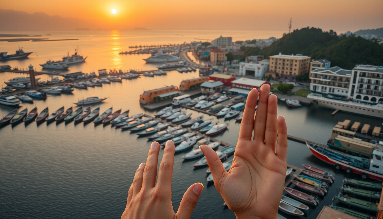 여수 여행 - aerial view of Yeosu harbor at golden hour, colorful fishing boats and coastal cityscape, South Korea travel destination