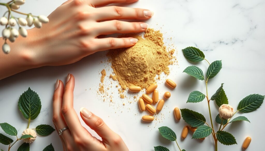 아쉬아간다효능 - flat lay of ashwagandha powder and capsules on a white marble surface with green leaves, natural herbal supplement product shot