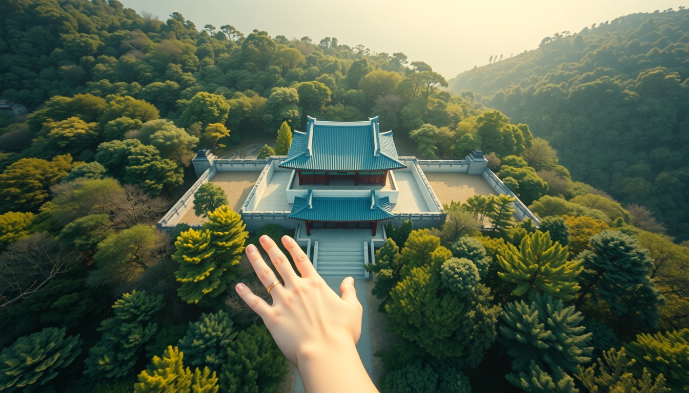 강화도 전등사 - aerial view of Jeondeungsa Temple in Ganghwado surrounded by lush green forest, traditional Korean architecture, serene atmosphere
