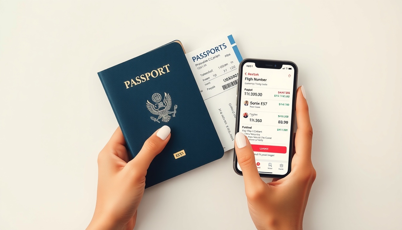 항공편명조회 - flat lay of airplane ticket, passport, and smartphone showing flight information on white background, flight number lookup concept