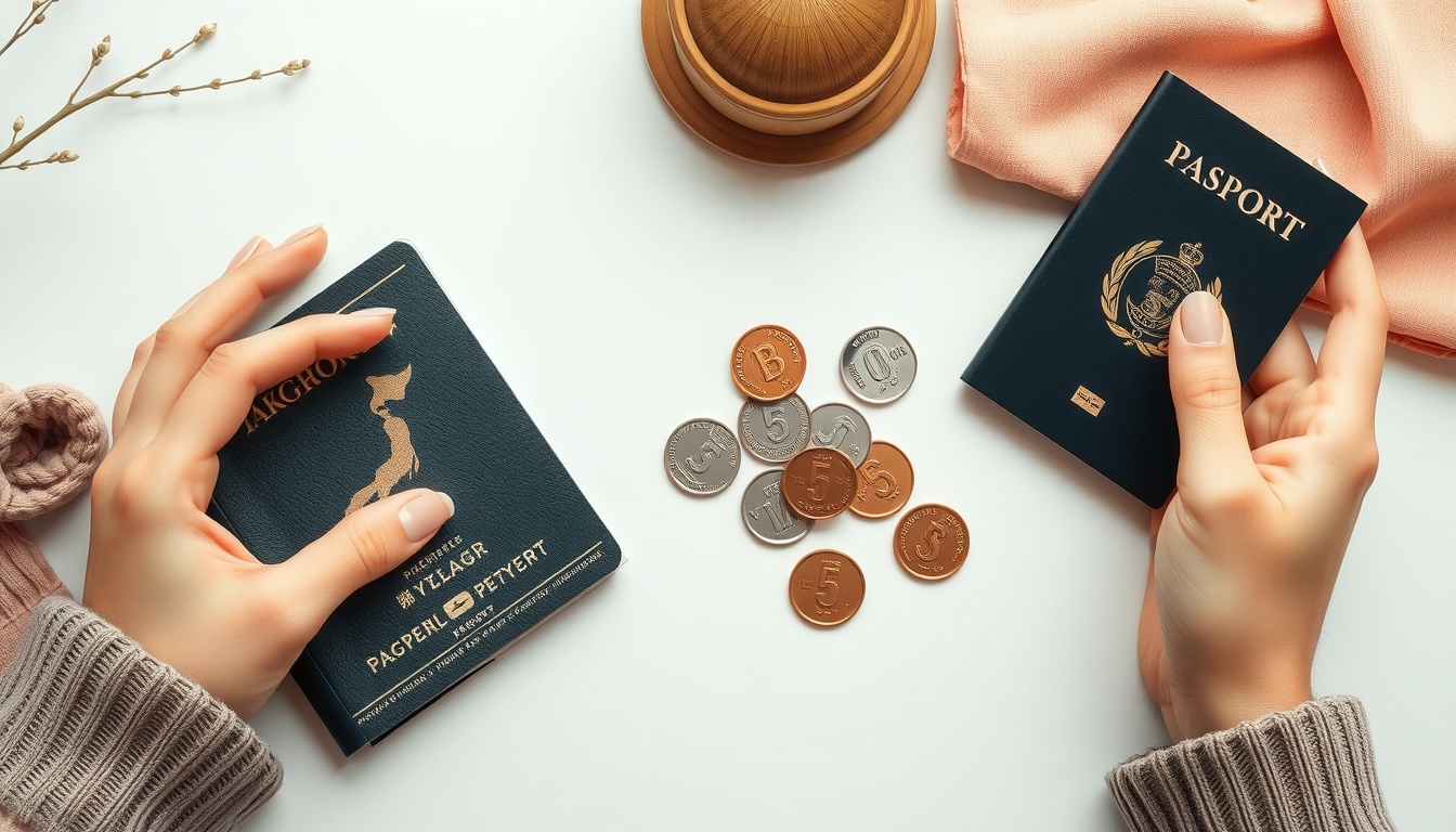 일본 여행 2026 엔화 환율 절약 방법 - flat lay of Japanese yen coins, passport, and travel essentials on white background, Japan travel 2026 currency saving tips