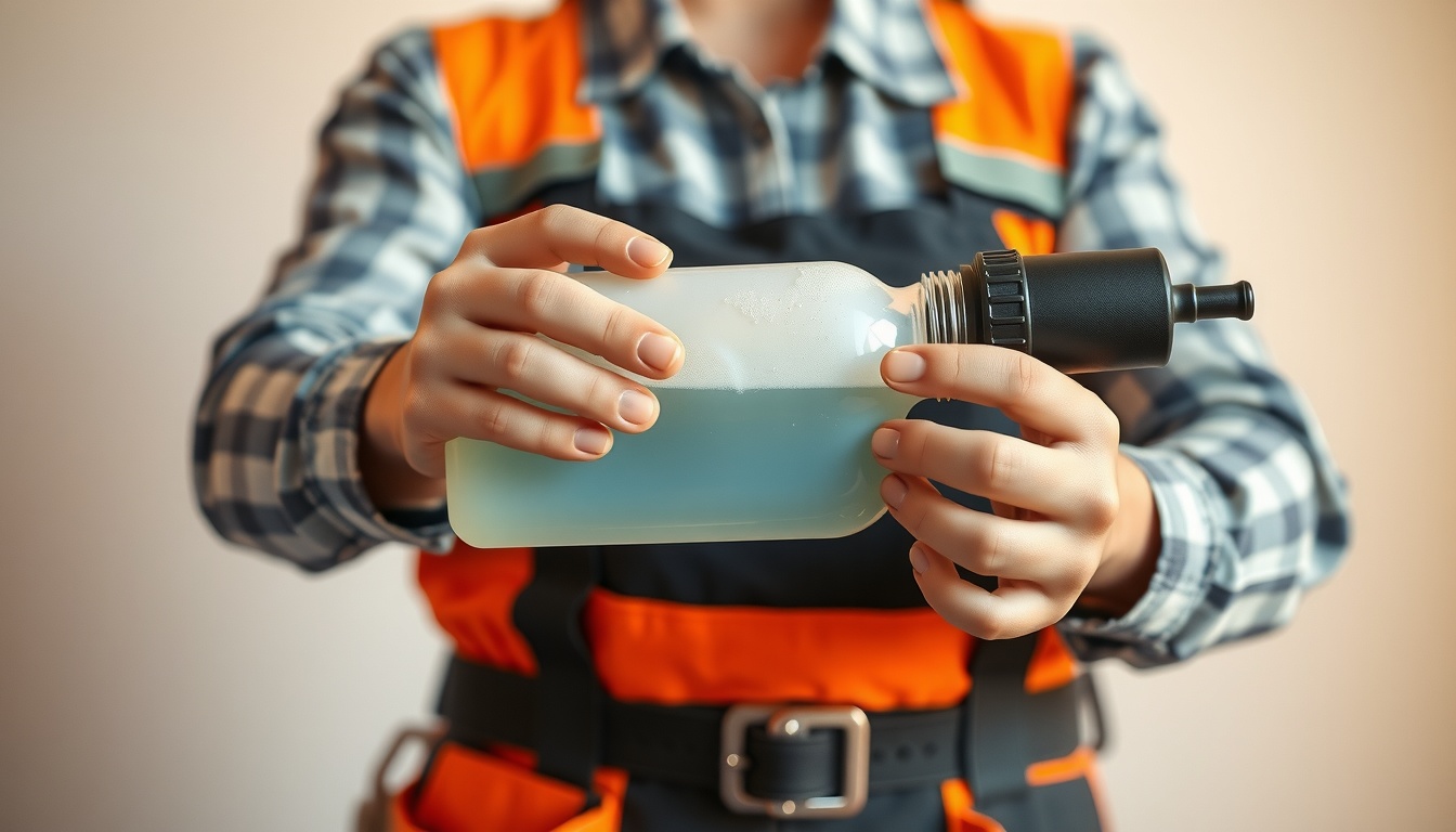 안정액가격 - construction site worker upper body shot with face visible, holding stabilizer liquid equipment, professional workwear, natural hands