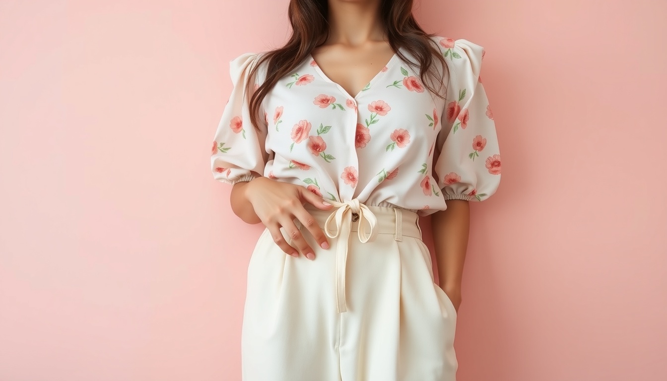 봄 코디 - Korean woman full body shot with face visible, wearing pastel spring outfit with high-waist pants and floral blouse, natural hands, bright spring background