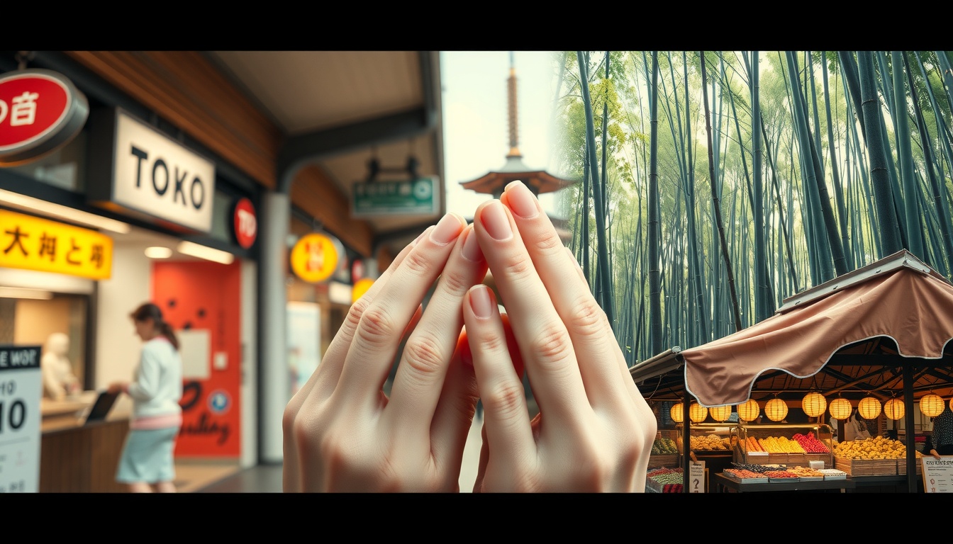 일본 여행 - Japan travel destinations collage showing Tokyo street, Kyoto bamboo forest, Osaka food stalls, Japan travel guide concept