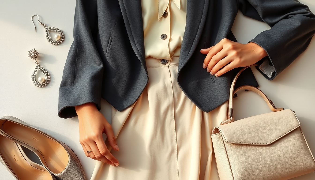 상견례 옷차림 엄마 50대 - flat lay of women's 50s formal fashion items including blazer, midi skirt, pearl earrings, and beige handbag for special occasion outfit