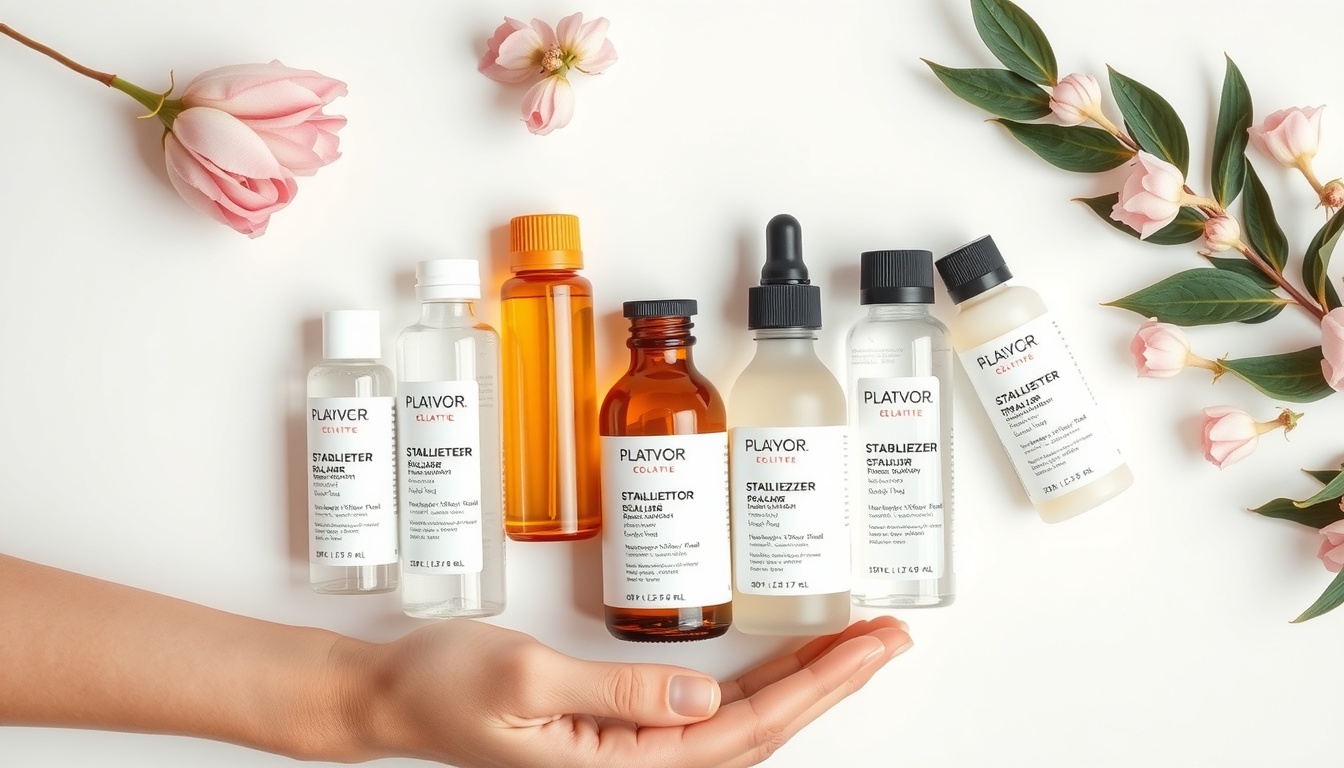 안정액가격 - flat lay of various stabilizer liquid products on white background, price comparison concept, clean and aesthetic product shot