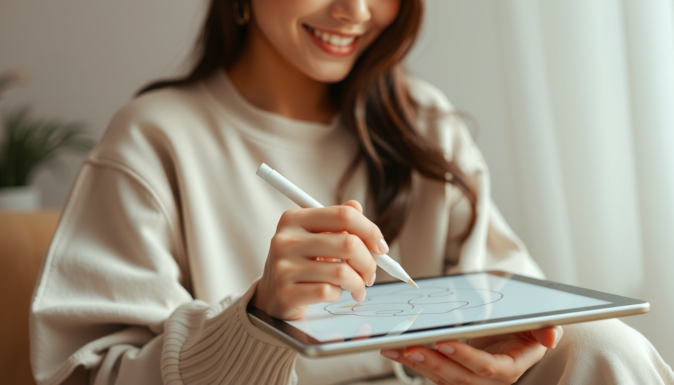 프로크리에이트 - Korean woman upper body shot with face visible, smiling while drawing on iPad with Apple Pencil in cozy room, natural hands, procreate digital art creation