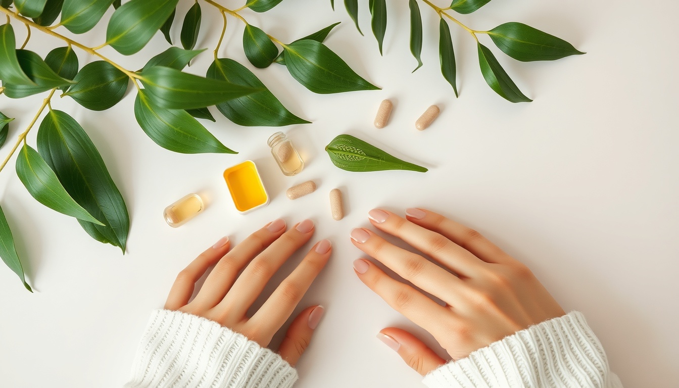 포스파티딜세린 - flat lay of brain health supplements and green leaves on white background, phosphatidylserine concept