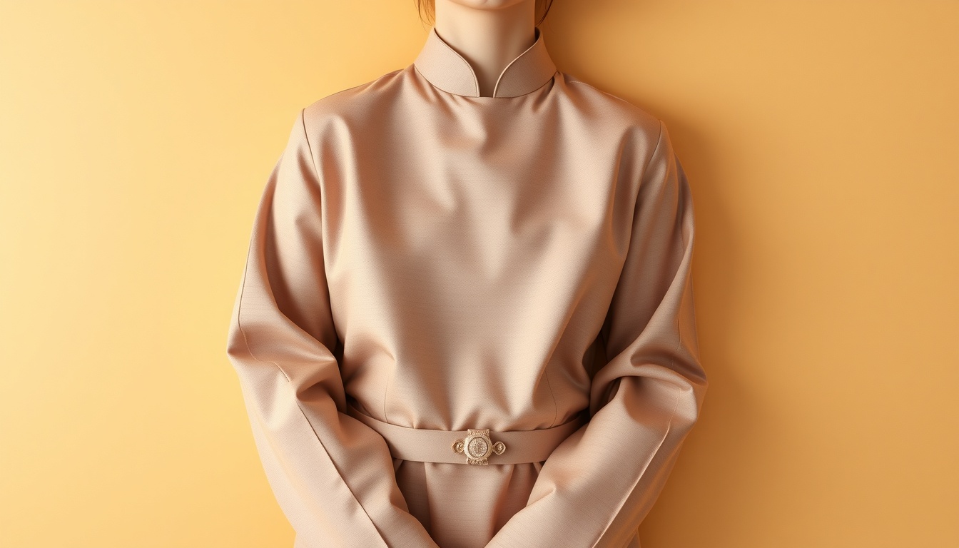 상견례 옷차림 부모님 - flat lay of elegant Korean traditional and modern formal outfit set for parents' first meeting, warm toned background