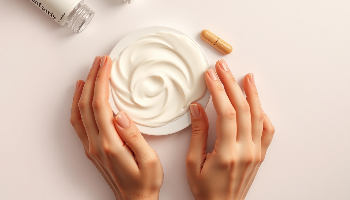 엘레나유산균 - flat lay of probiotic supplement capsules and yogurt on white background, Elena probiotic concept, overhead view