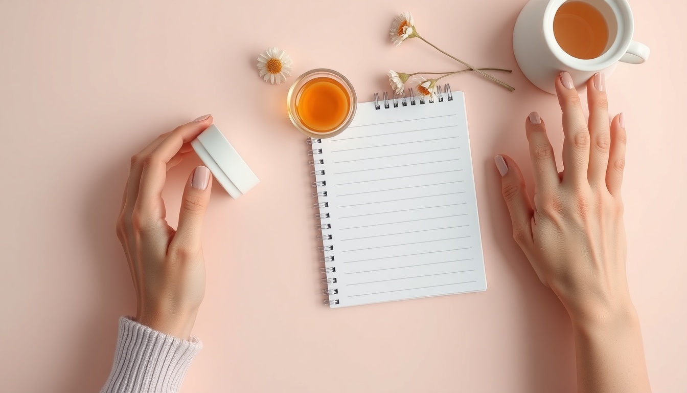 왼쪽눈밑떨림 - flat lay of eye cream, chamomile tea, and notepad on soft pastel background, left eye twitching remedy concept