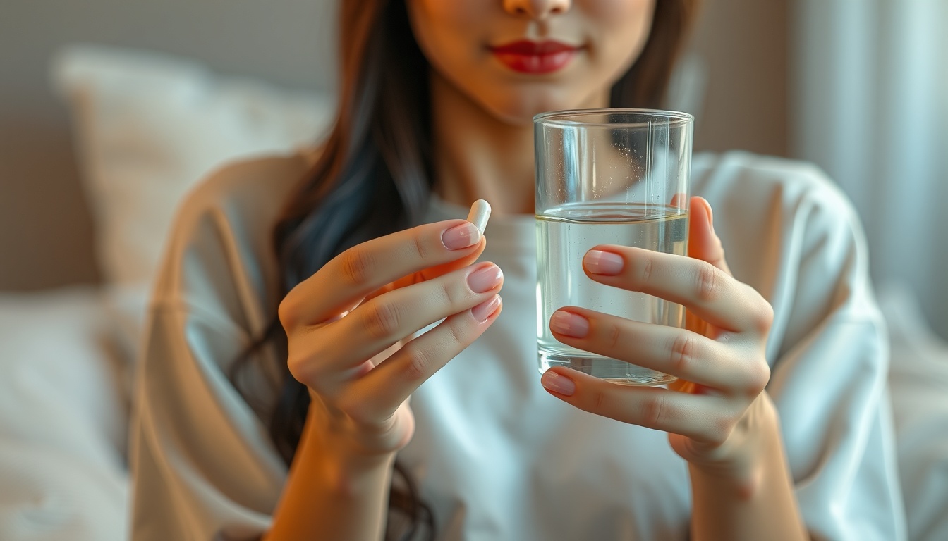 닥터린멜라토닌 - Korean woman upper body shot with face visible, holding supplement capsule and water glass at night, natural hands, warm bedroom lighting, cozy atmosphere