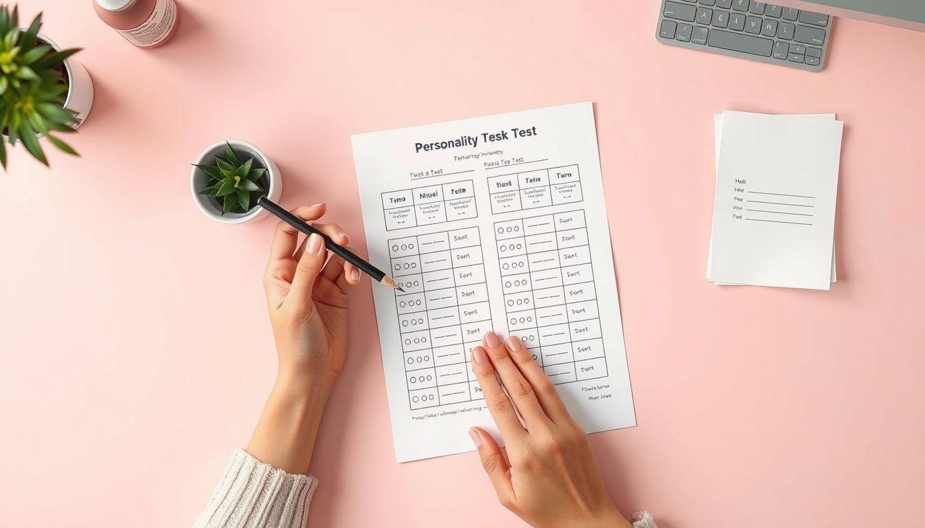 TCI기질검사 - flat lay of personality test paper, pencil, and small plant on pastel pink desk, TCI temperament character inventory concept