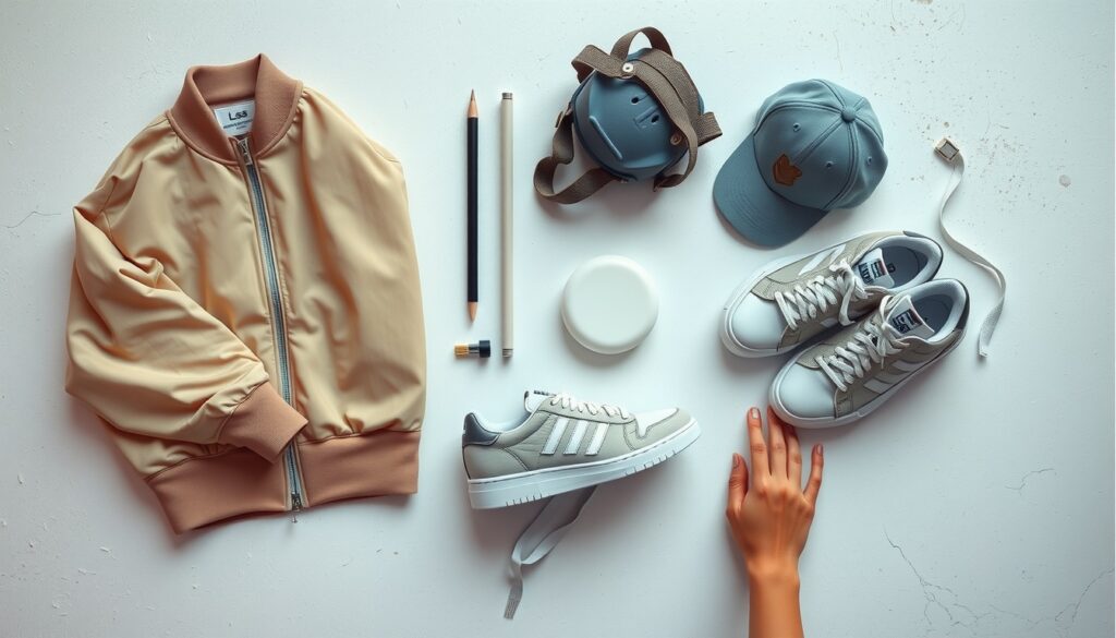 스트릿 패션 - flat lay of street fashion items including oversized jacket, sneakers, and cap on white concrete background, 2026 street fashion trend concept