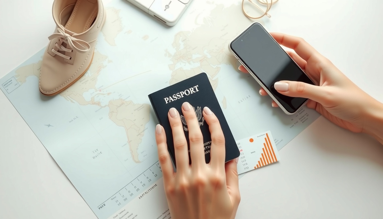 비행기표싸게사는법 - flat lay of passport, airplane ticket, smartphone and map on white desk, cheap flight ticket tips concept