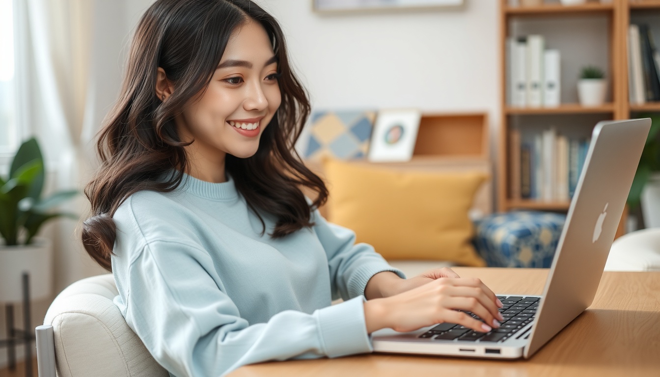 무료 이미지 사이트 - Korean woman upper body shot with face visible, smiling while browsing free image websites on laptop in cozy home office, natural hands